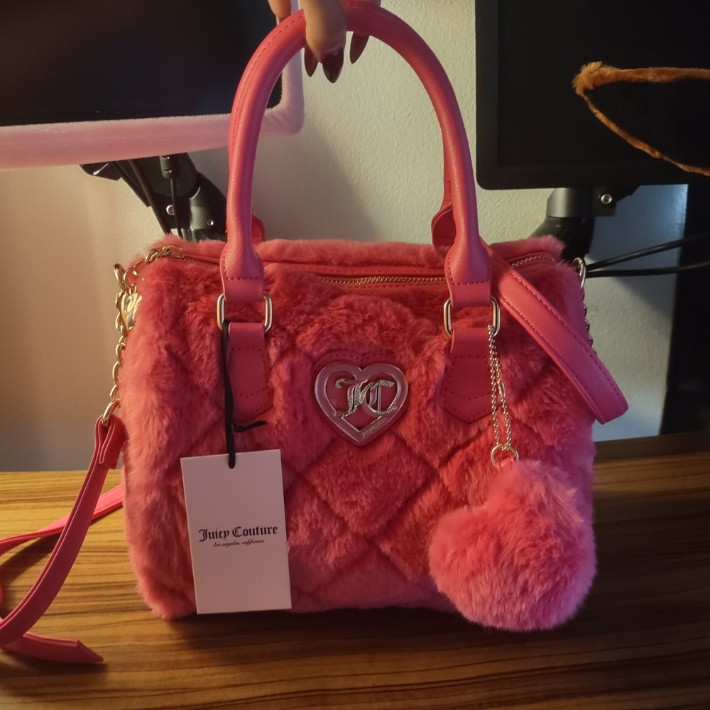 Juicy Couture Pink Quilted Satchel with Pom-Pom Charm